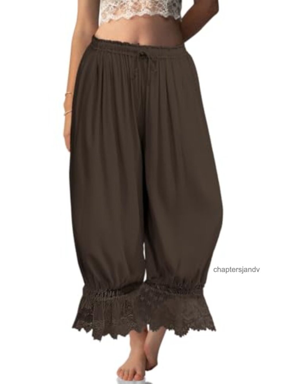 Womens Linen Lace Trim Long Bloomers Pants with Pocket